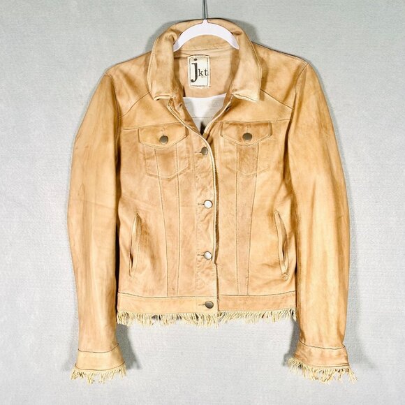 JKT Nyc Womens S Beige Leather Button Up Jacket Lightweight Fringe - Picture 1 of 13